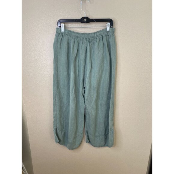 Meo Meli Women’s 100% Linen Pants Relaxed Fit Elastic Waist Green Cropped Pocket - Picture 3 of 7